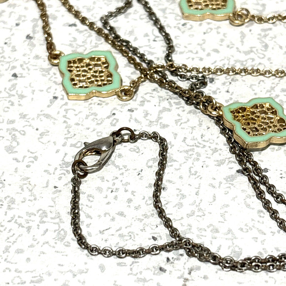 Fine Gold Station Chain Necklace w/ Mint Green Sections Single Strand Fashion - Picture 6 of 9